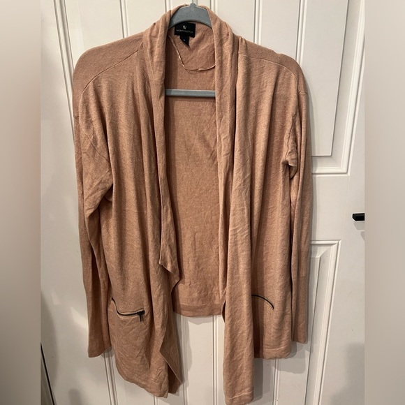 Worthington medium Tan Cardigan Sweater Lightweight Open Front zipper pockets - Picture 1 of 8